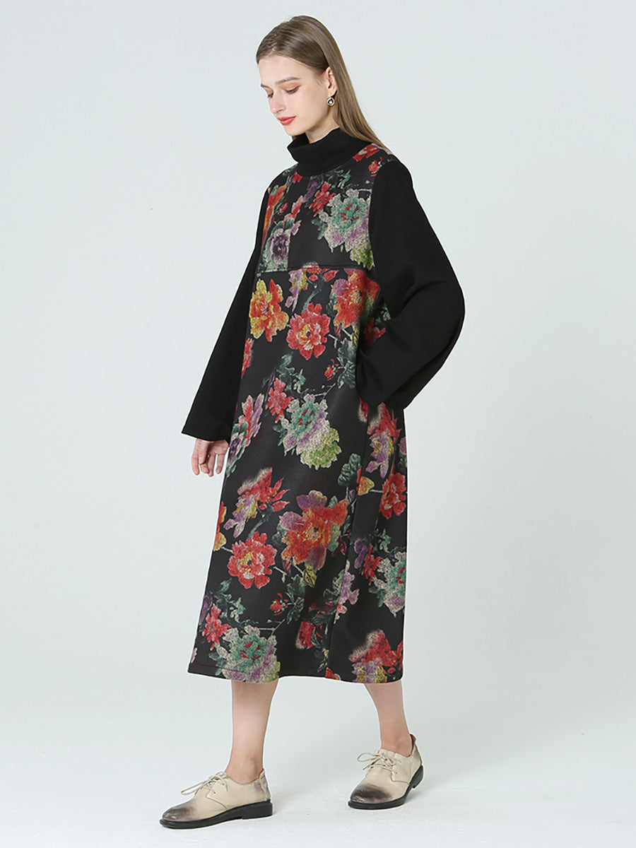 Übergröße Blumendruck Rollkragen Langarm Frühling Winter Kleid M-2XL
