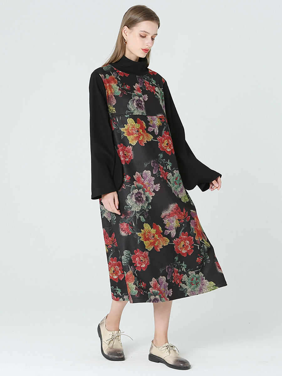 Übergröße Blumendruck Rollkragen Langarm Frühling Winter Kleid M-2XL