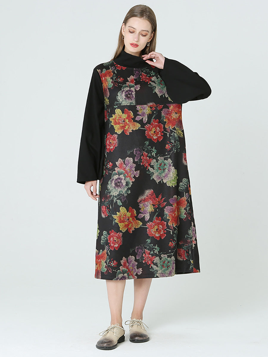 Übergröße Blumendruck Rollkragen Langarm Frühling Winter Kleid M-2XL