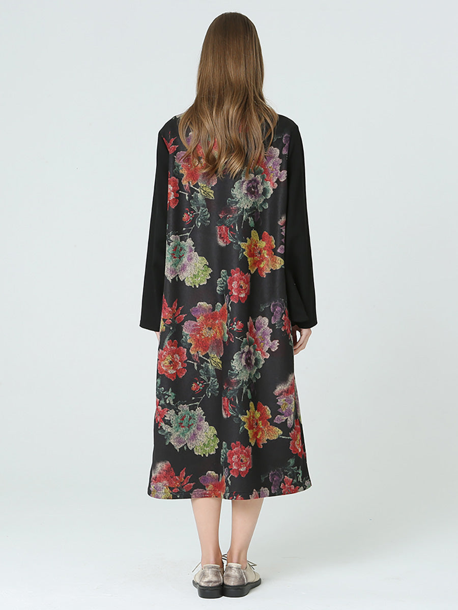 Übergröße Blumendruck Rollkragen Langarm Frühling Winter Kleid M-2XL