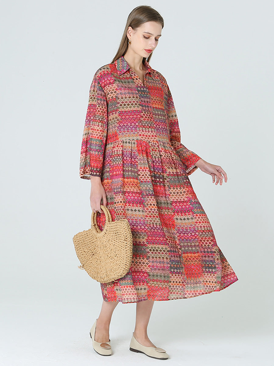 Langärmliges Frühlings-Böhmenkleid mit Prints in Übergröße