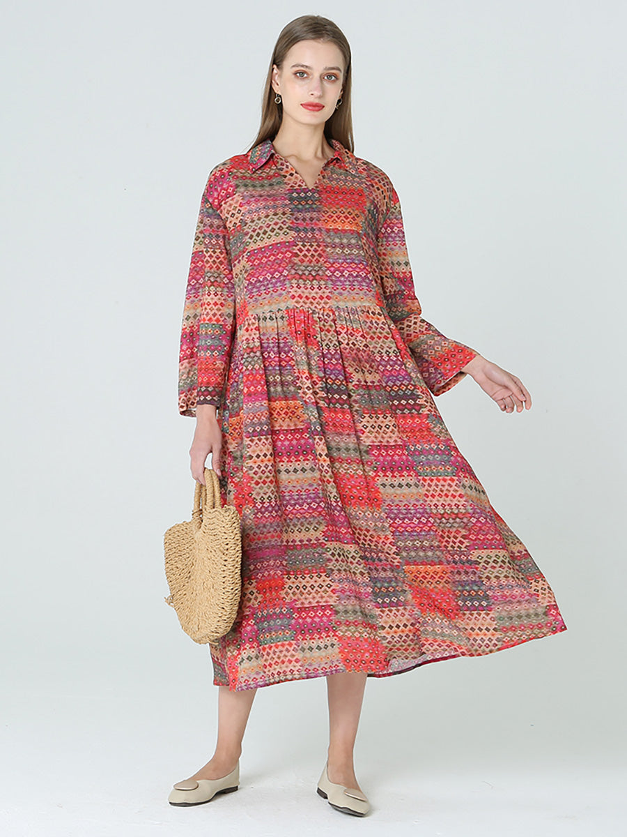Langärmliges Frühlings-Böhmenkleid mit Prints in Übergröße