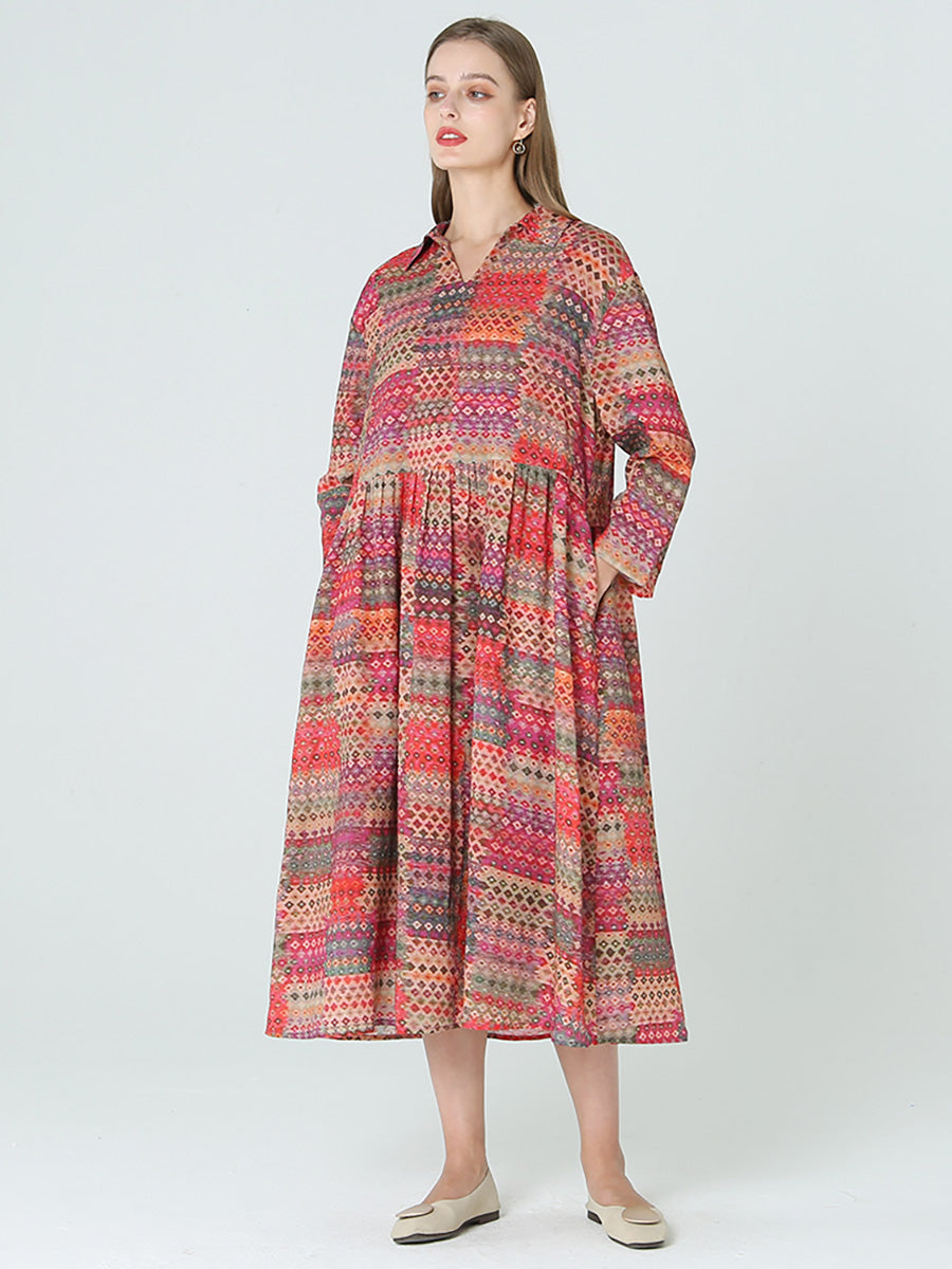 Langärmliges Frühlings-Böhmenkleid mit Prints in Übergröße