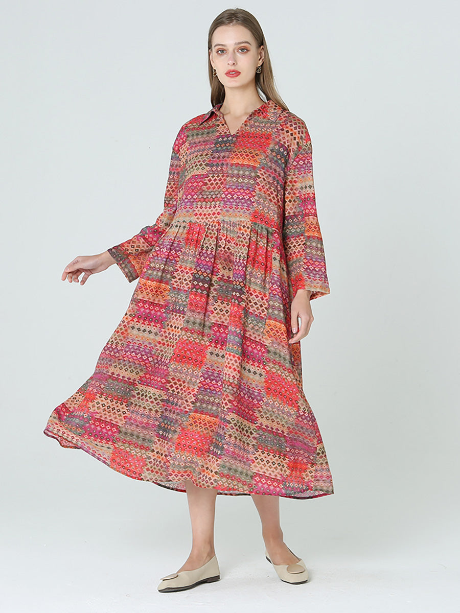 Langärmliges Frühlings-Böhmenkleid mit Prints in Übergröße