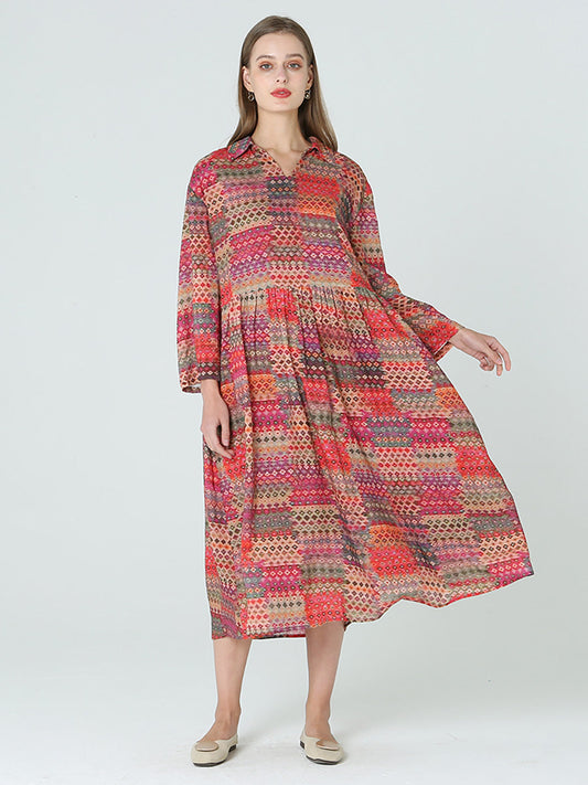 Langärmliges Frühlings-Böhmenkleid mit Prints in Übergröße