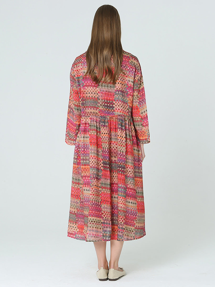 Langärmliges Frühlings-Böhmenkleid mit Prints in Übergröße
