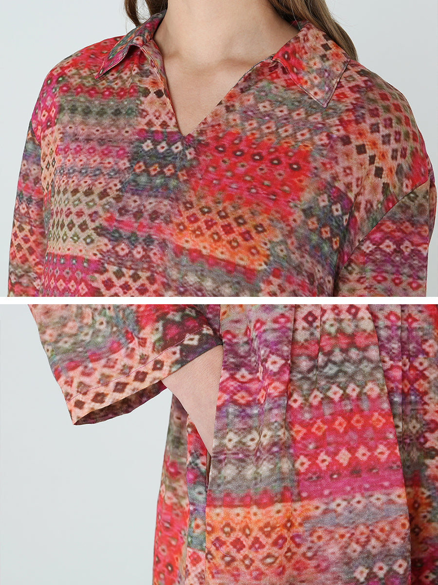 Langärmliges Frühlings-Böhmenkleid mit Prints in Übergröße