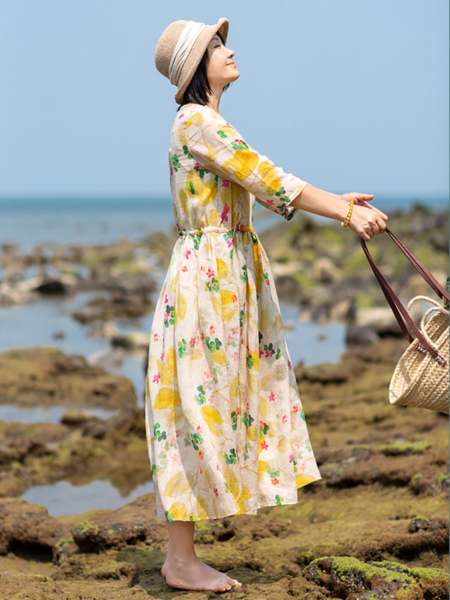 Übergröße Damen Sommer Prairie Chic Blumen V-Ausschnitt Ramie Kleid
