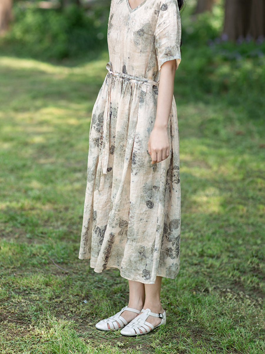 Große Größen Damen Artsy Tintendruck Ramie Kleid mit Kordelzug