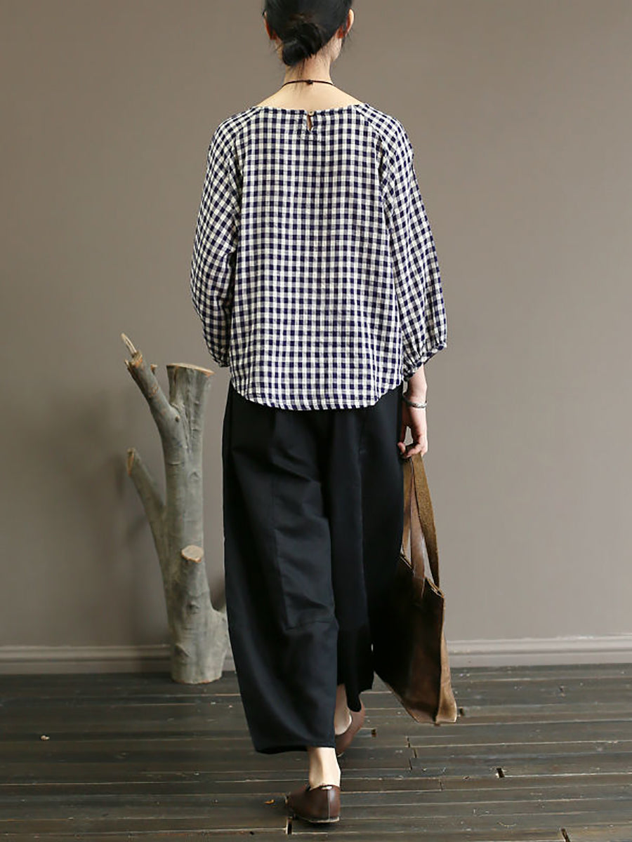 Plus Size Damen Sommer Vintage Plaid Loose Pullover Baumwollhemd