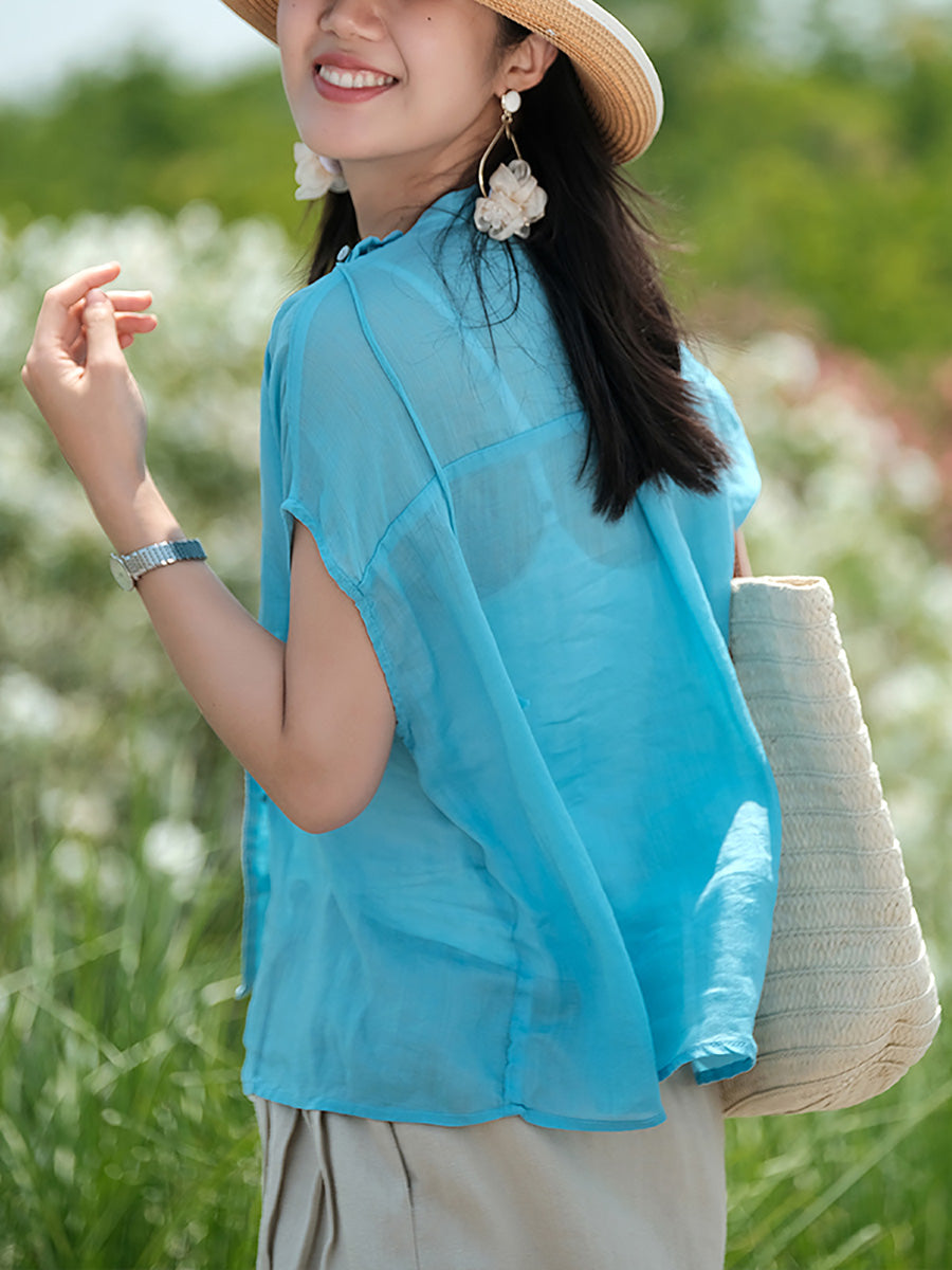 Übergröße Damen Vintage Sommer O-Ausschnitt Knopf Ramie Hemd