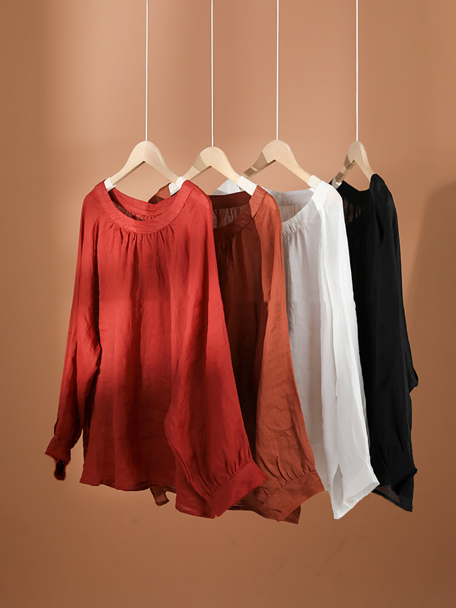 Übergröße Damen Sommer Solide Vintage Langarm Ramie Hemd