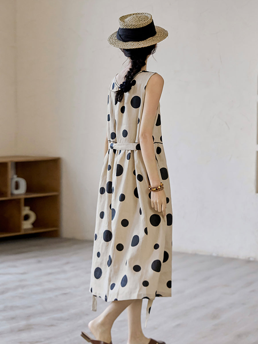 Übergröße Damen Sommer Casual Dot Kordelzug Leinen Weste Kleid