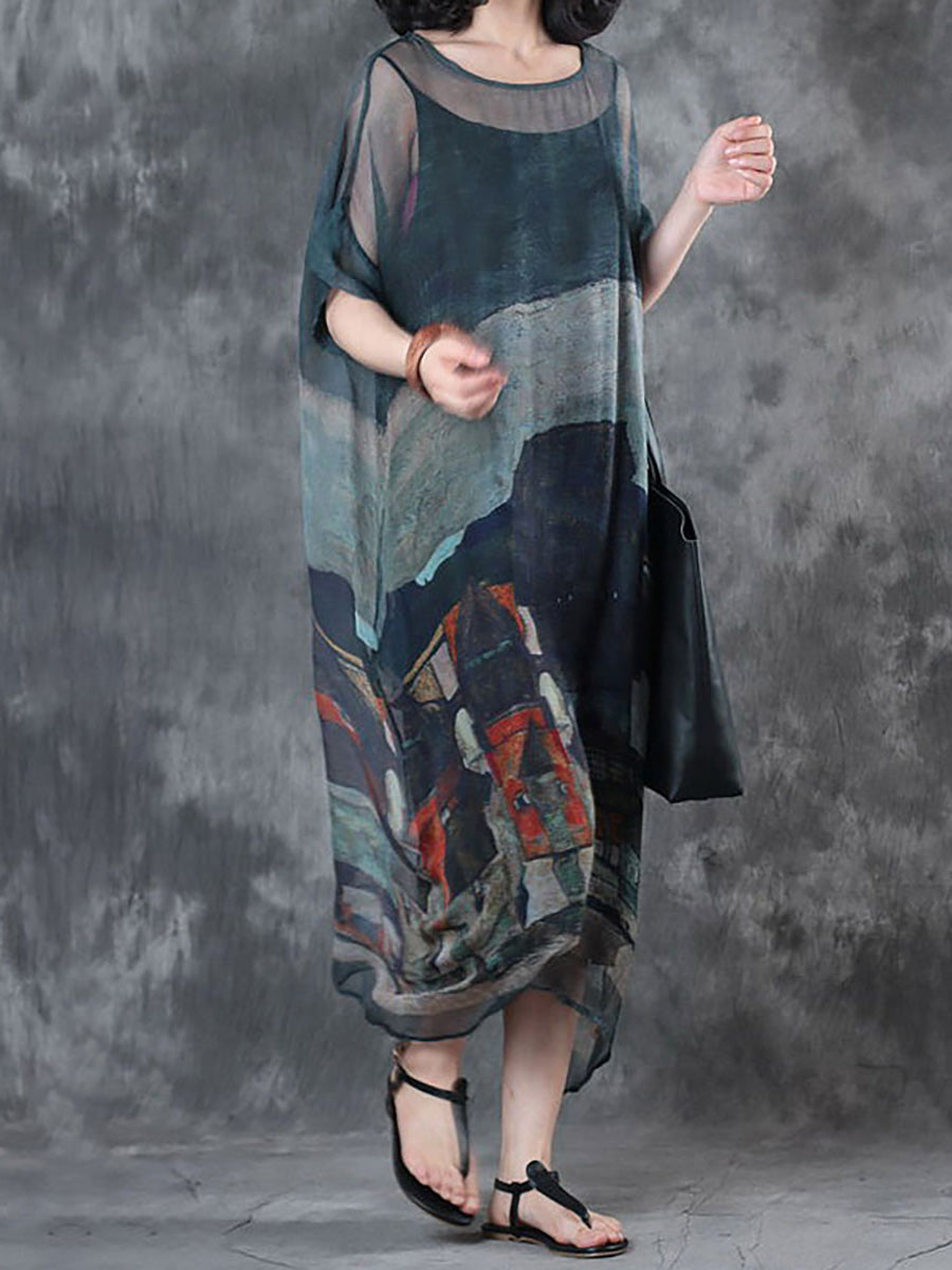 Übergröße - Sommerkleid mit kurzen Ärmeln und lockerem Aufdruck (zweiteilig)