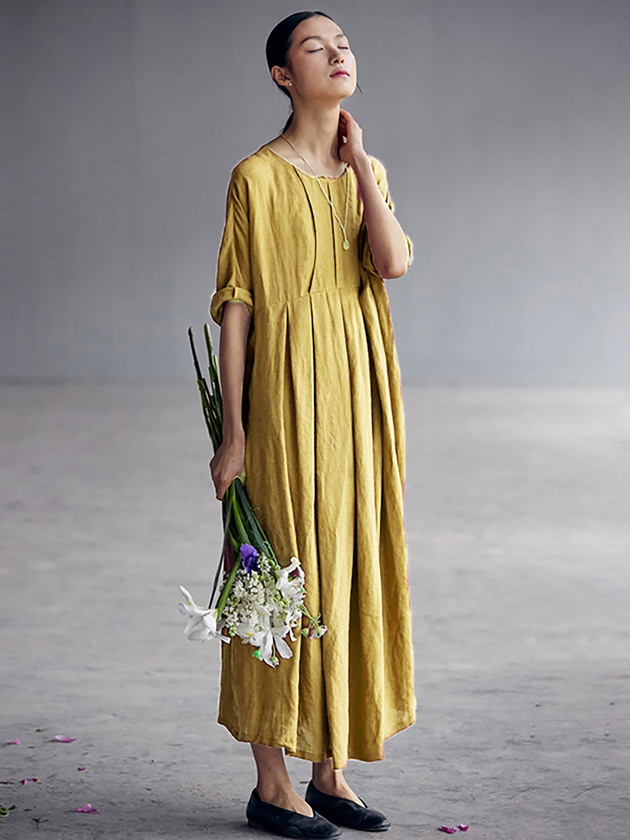 Elegantes, plissiertes, lockeres Leinenkleid im chinesischen Stil in Übergröße