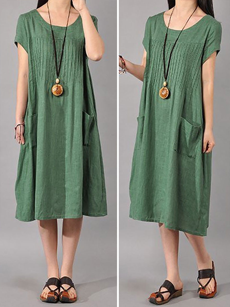 Locker sitzendes Kleid aus Baumwollleinen für Damen in Grün