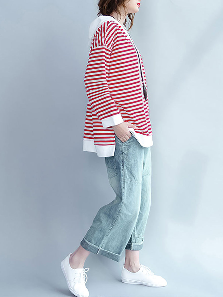 Plus Size Damen Frühling Casual Streifen Kapuzen rotes Hemd