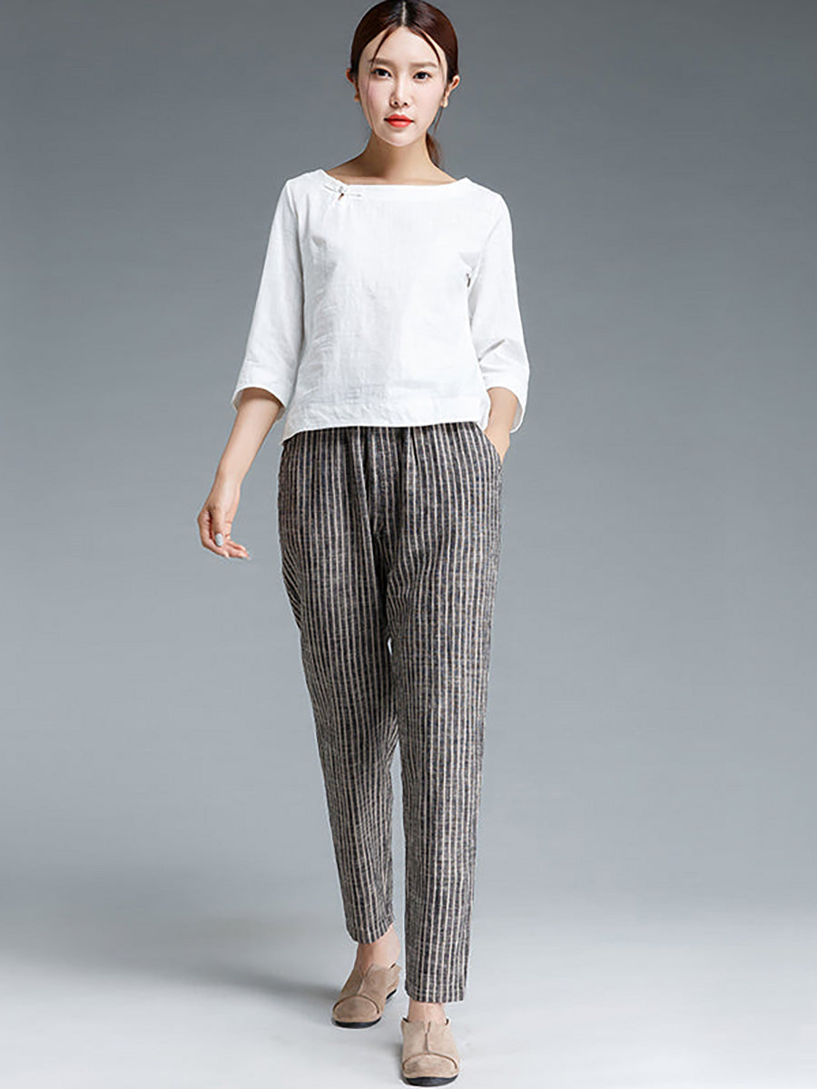 Pantalon en coton et lin à rayures grande taille pour femme Buykud