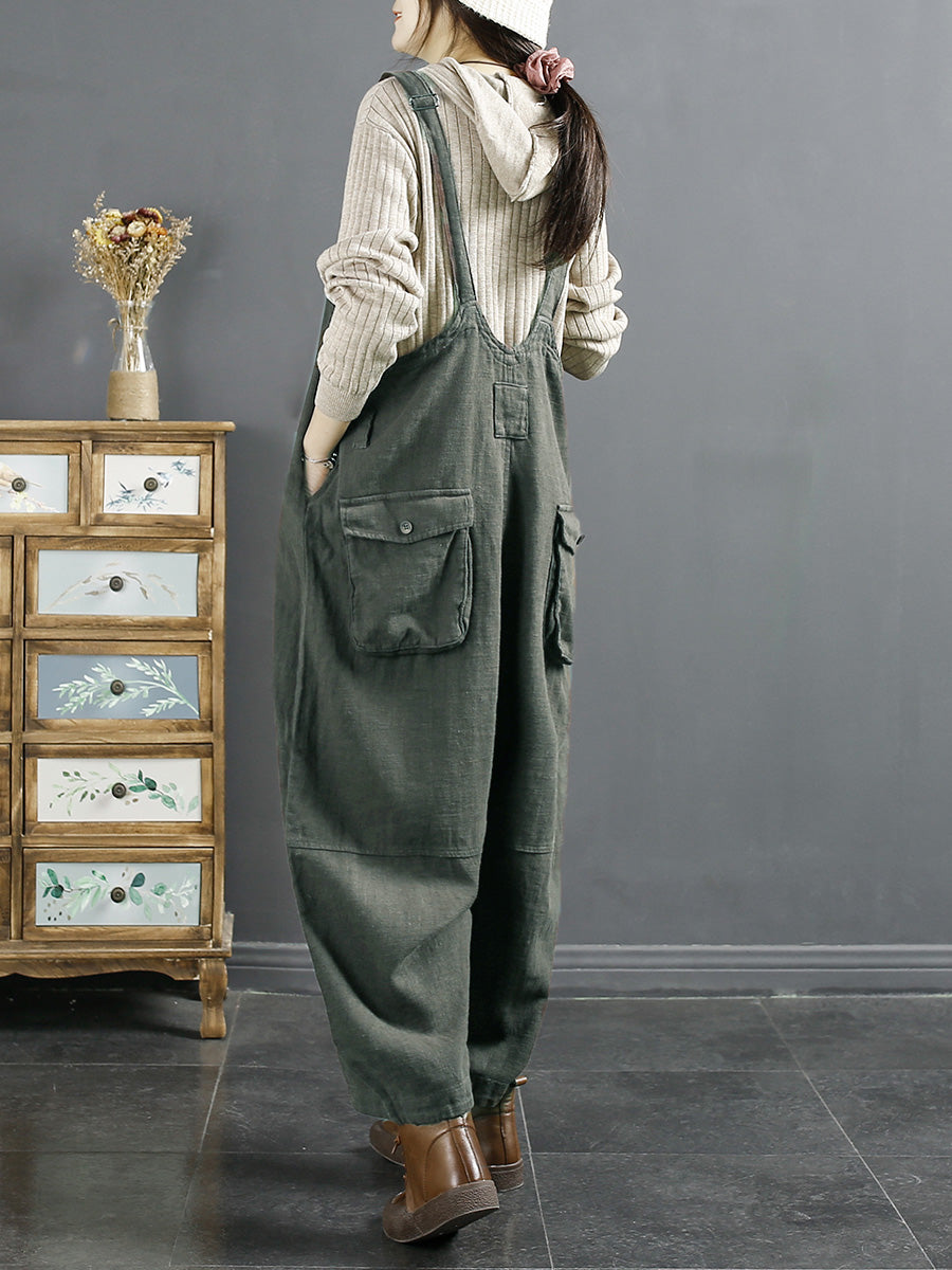 Plus Size Damen Vintage Einfarbiger Lockerer Overall aus Leinen