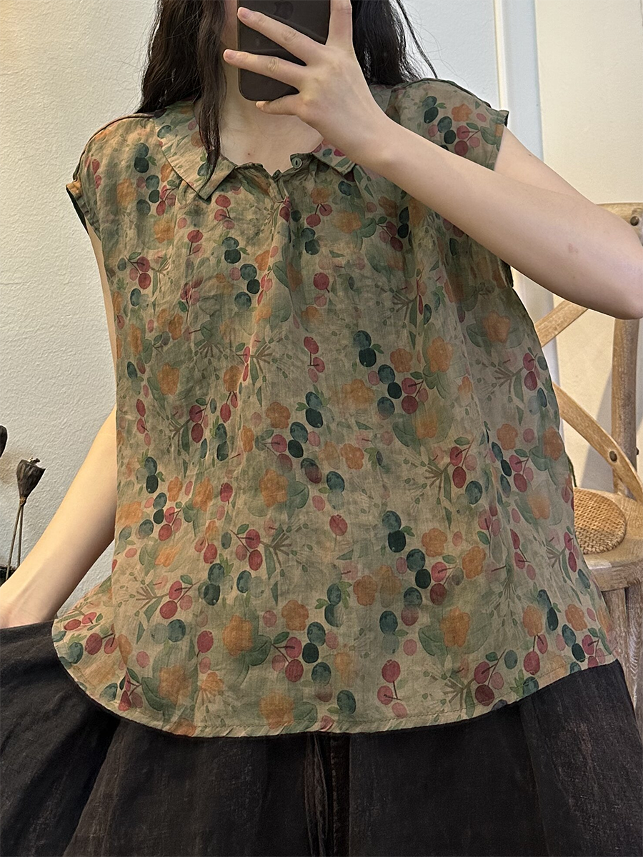 Übergröße Damen Sommer Vintage Blumenknopf Ramie Shirt