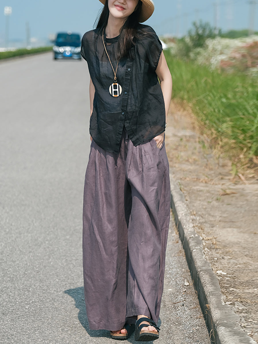 Übergröße Damen Vintage Sommer O-Ausschnitt Knopf Ramie Hemd
