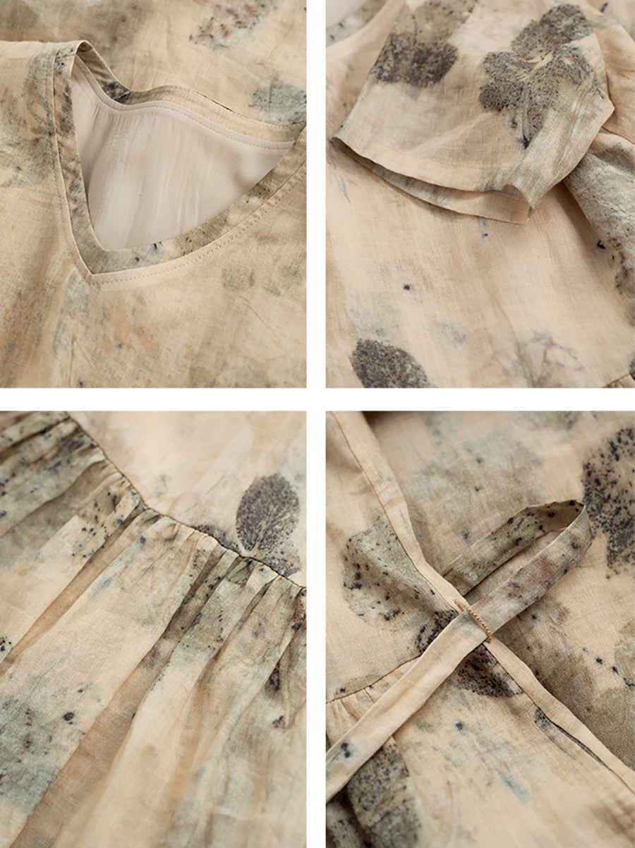 Große Größen Damen Artsy Tintendruck Ramie Kleid mit Kordelzug