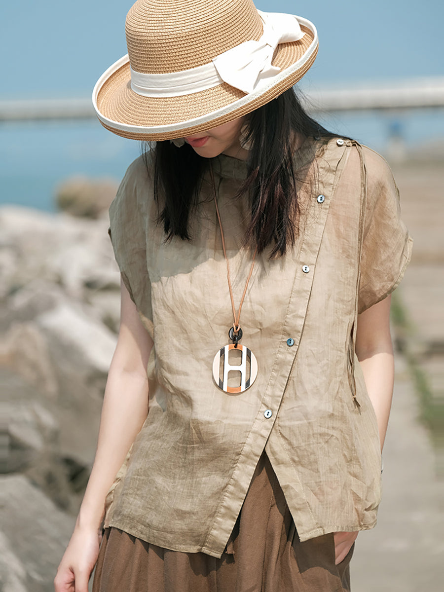 Übergröße Damen Vintage Sommer O-Ausschnitt Knopf Ramie Hemd