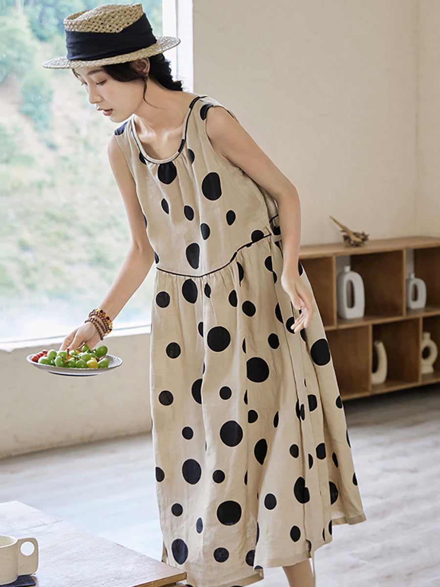 Übergröße Damen Sommer Casual Dot Kordelzug Leinen Weste Kleid