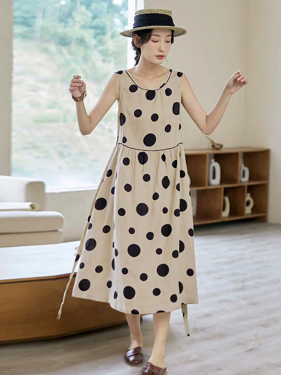 Übergröße Damen Sommer Casual Dot Kordelzug Leinen Weste Kleid