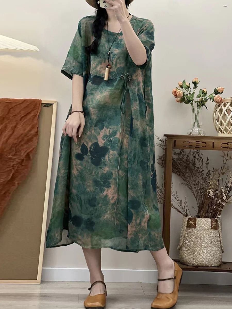 Übergröße Damen Rerto Sommer Print Lockeres Reise Ramie Kleid