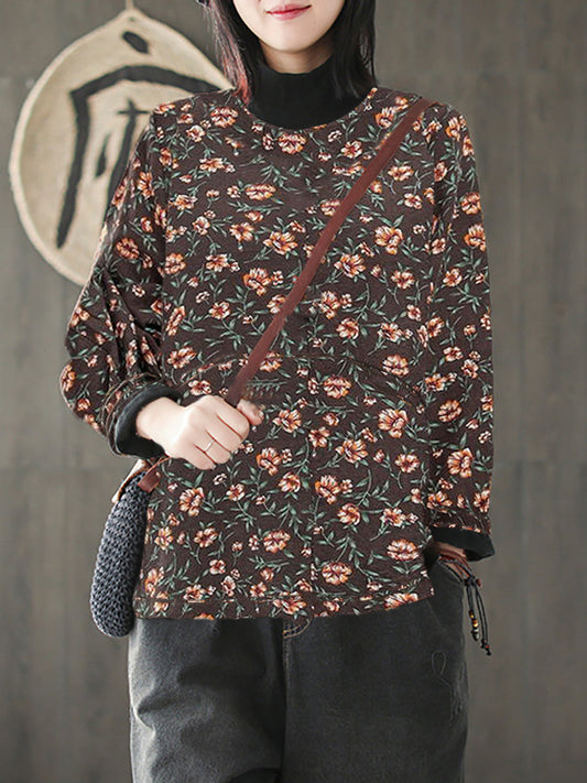 Plus Size Vintage Blumen Halbhoher Kragen Gespleißtes Baumwollhemd