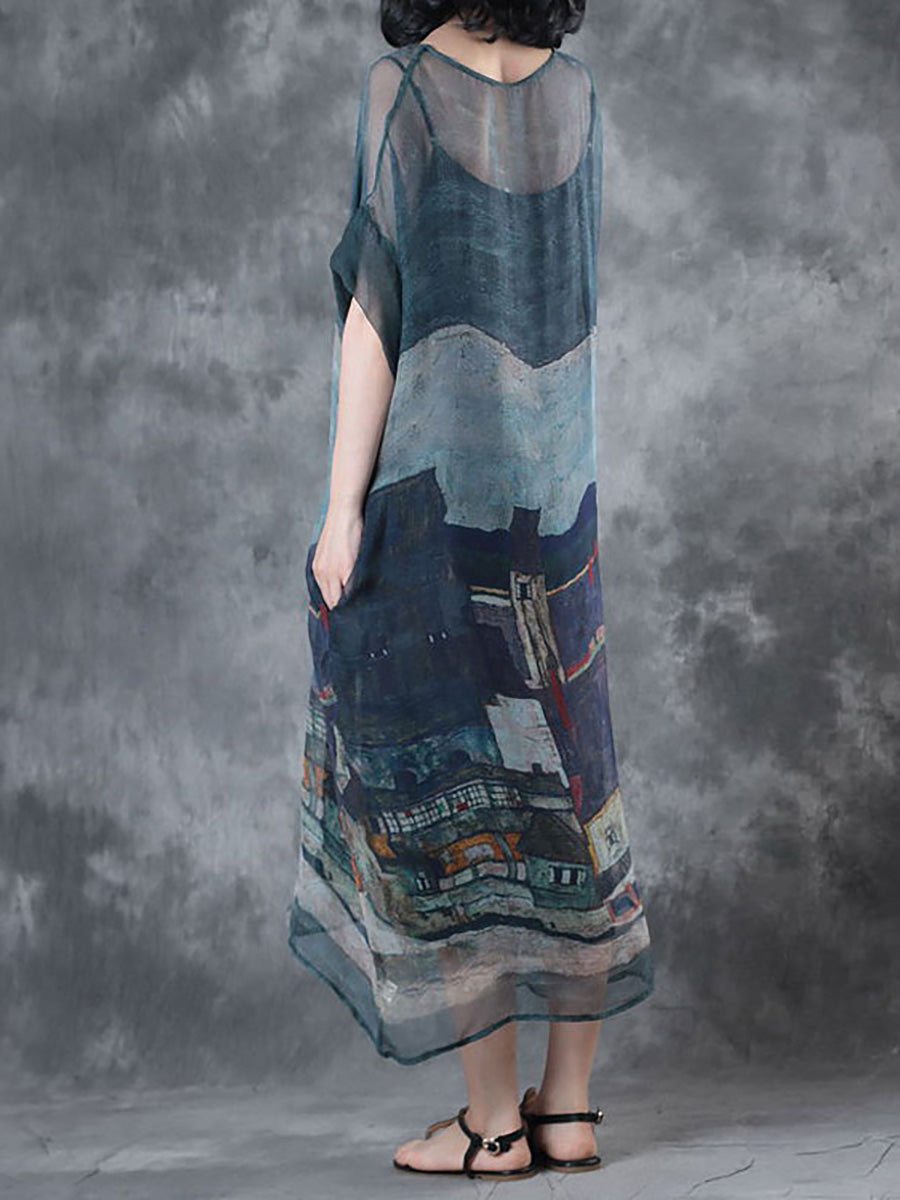 Übergröße - Sommerkleid mit kurzen Ärmeln und lockerem Aufdruck (zweiteilig)