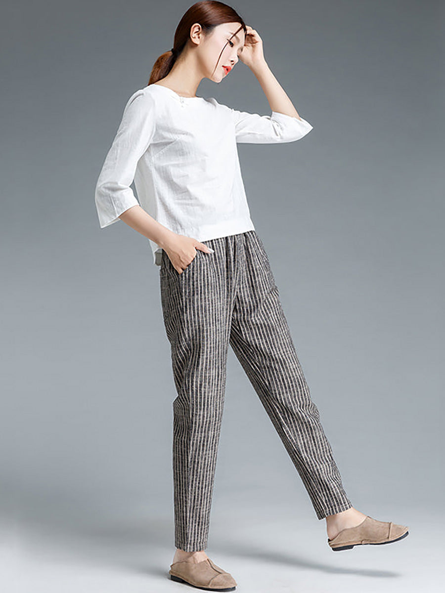 Pantalon en coton et lin à rayures grande taille pour femme Buykud