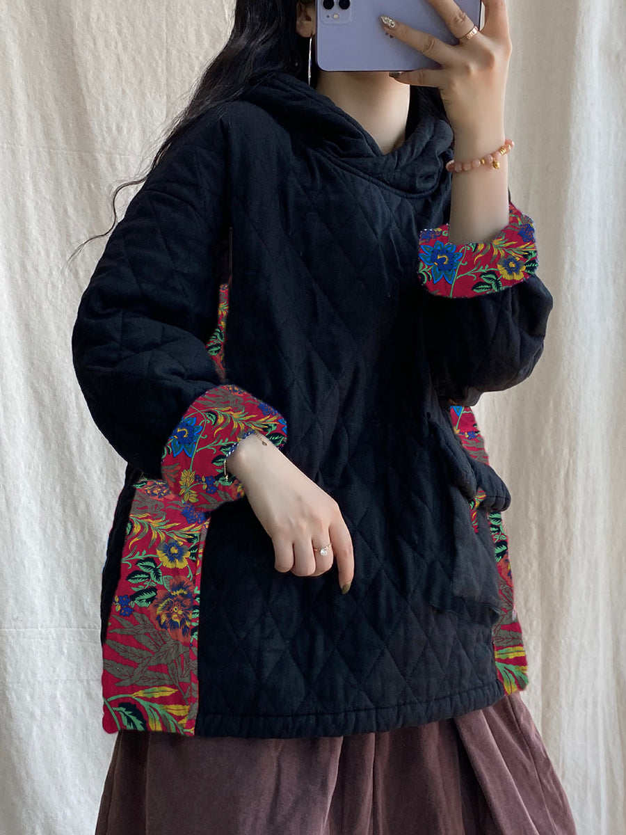 Plus Size Damen Winter Patch Gespleißte Tasche Verdicken Mit Kapuze