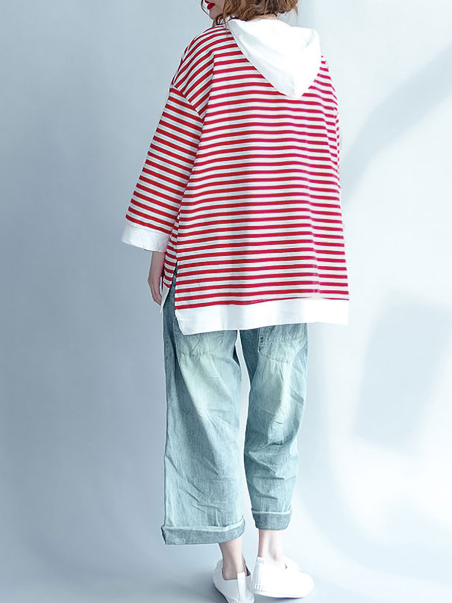 Plus Size Damen Frühling Casual Streifen Kapuzen rotes Hemd