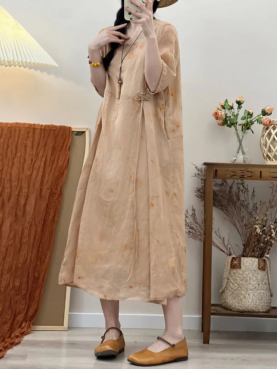 Übergröße Damen Rerto Sommer Print Lockeres Reise Ramie Kleid