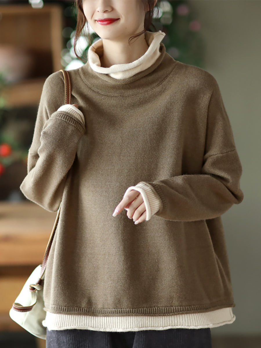 Plus Size Herbst Fake Zweiteiliger Colorblock Damen Pullover