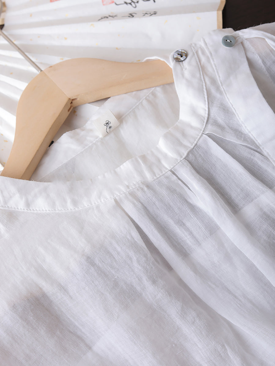 Übergröße Damen Vintage Sommer O-Ausschnitt Knopf Ramie Hemd