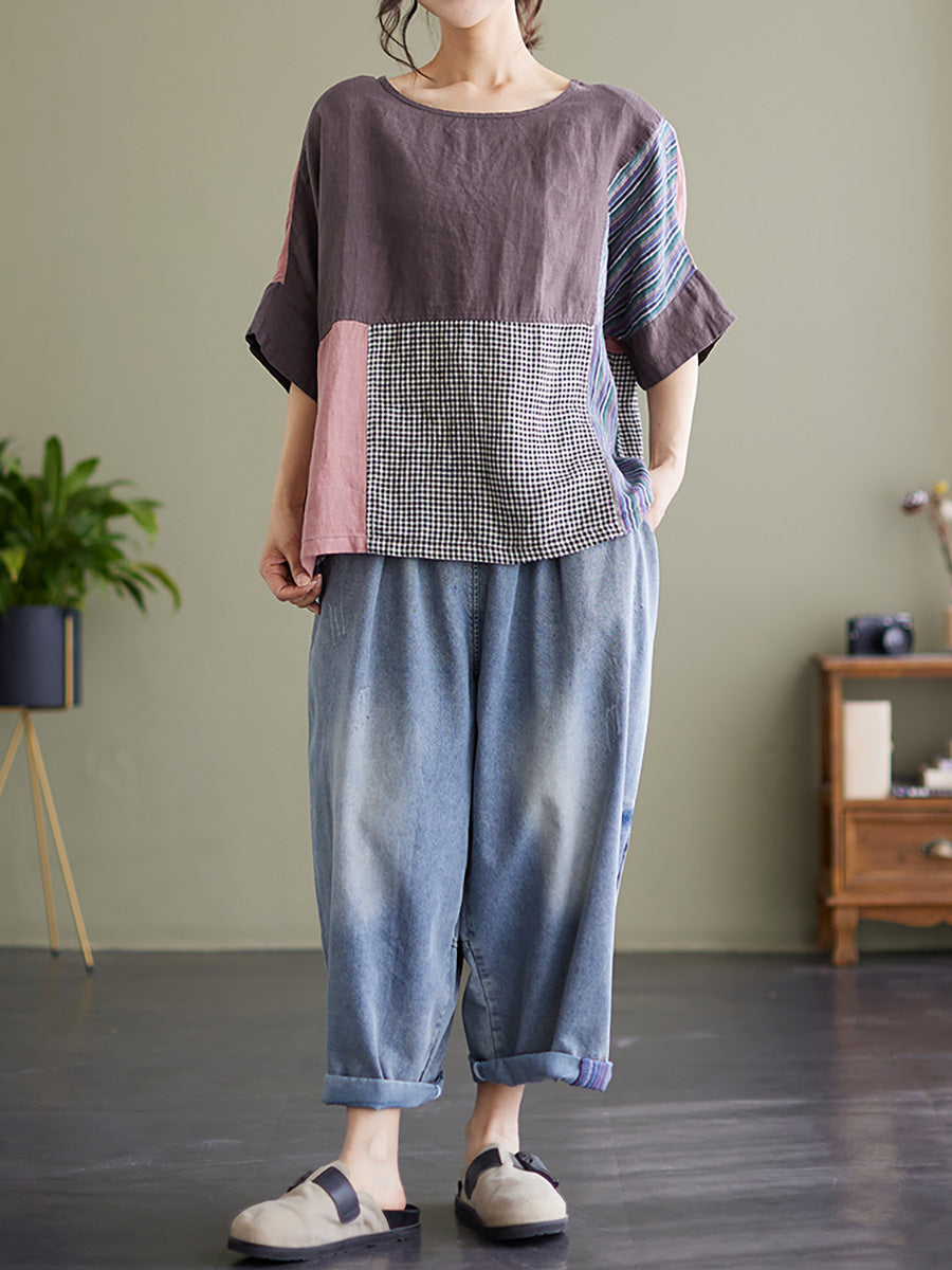 Übergröße Vintage Kurzarm Damen Patchwork Lockeres Hemd