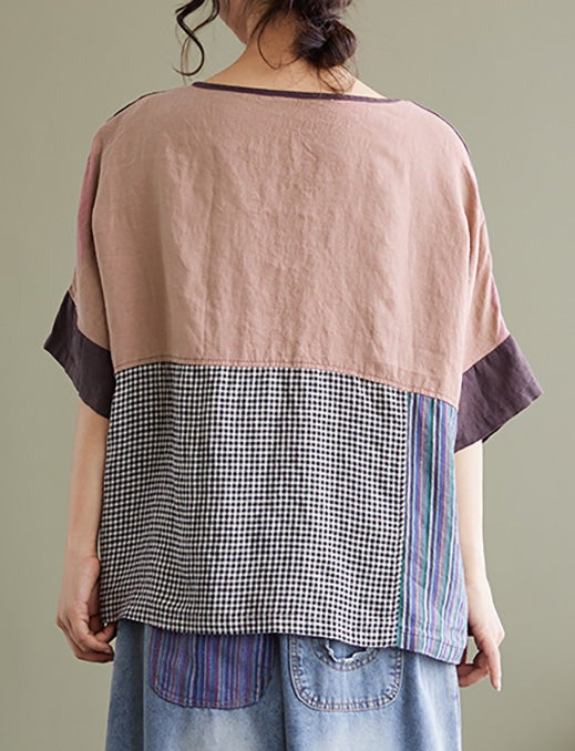 Übergröße Vintage Kurzarm Damen Patchwork Lockeres Hemd