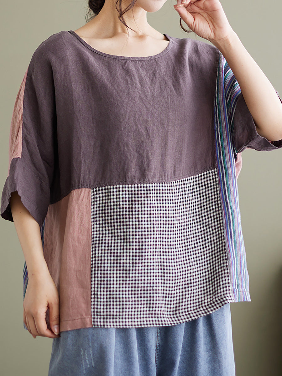 Übergröße Vintage Kurzarm Damen Patchwork Lockeres Hemd