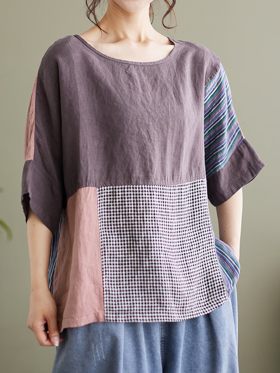 Übergröße Vintage Kurzarm Damen Patchwork Lockeres Hemd