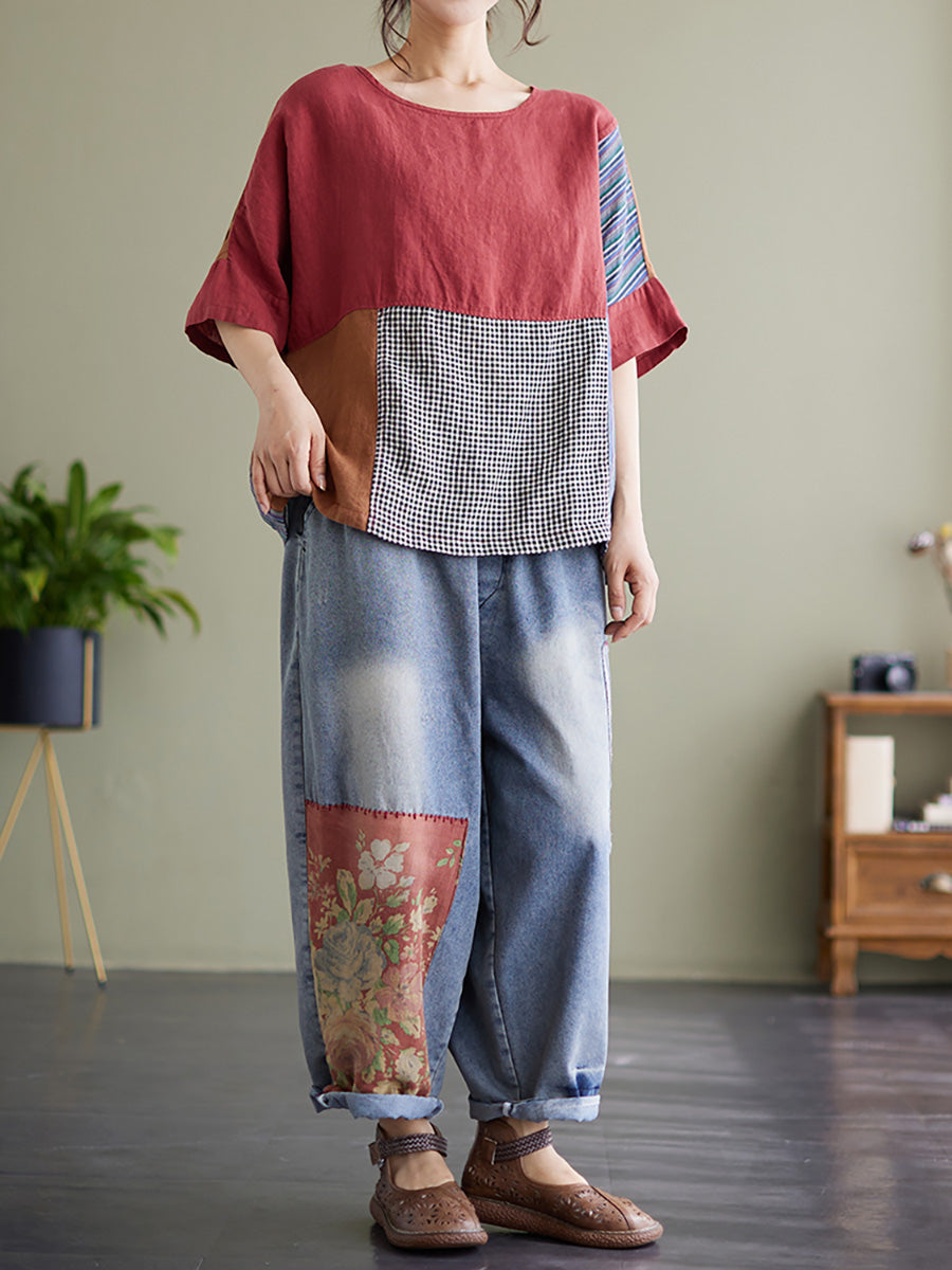 Übergröße Vintage Kurzarm Damen Patchwork Lockeres Hemd