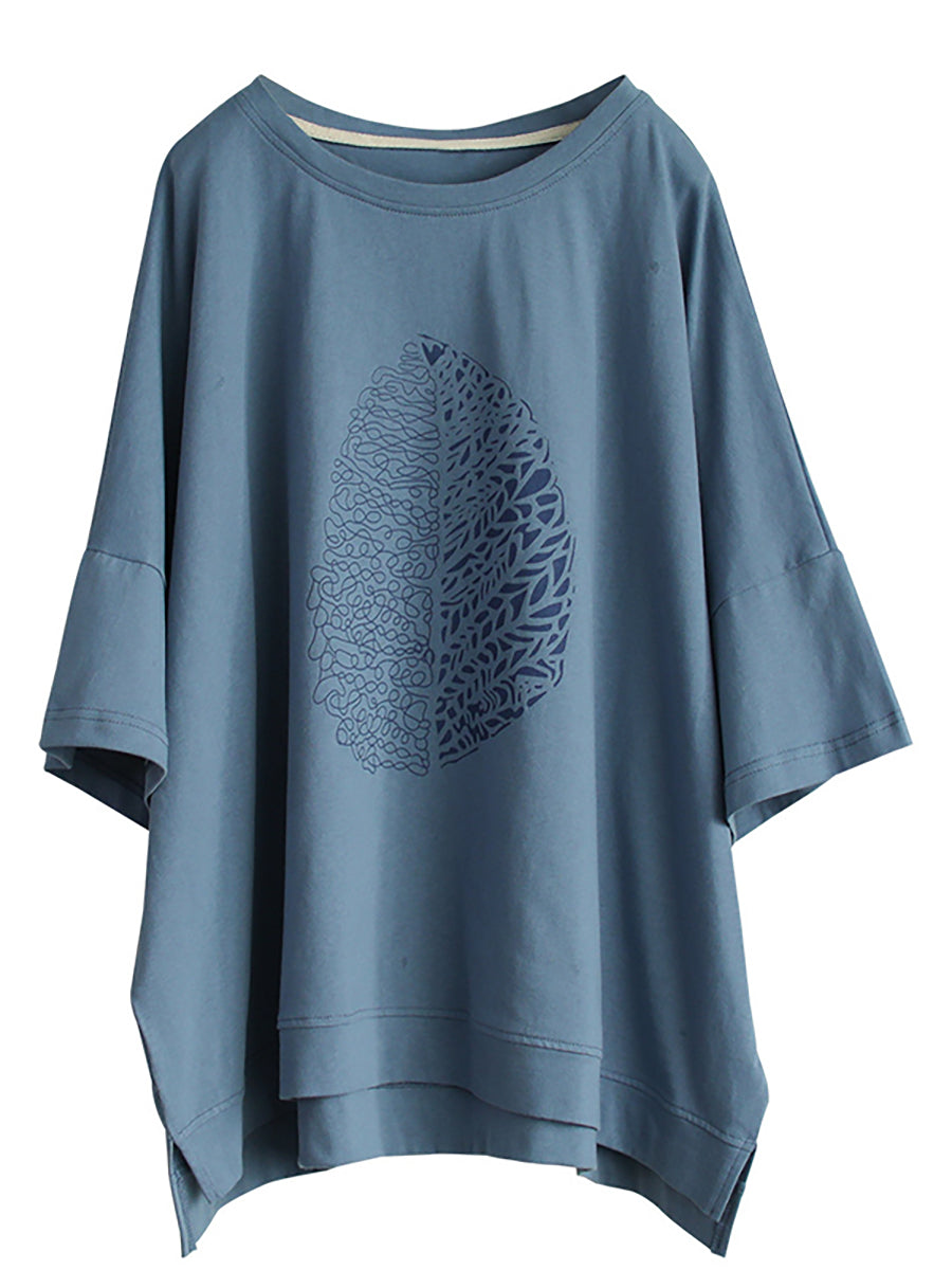 Große Größen - Sommer-T-Shirt aus Baumwolle mit halblangen Ärmeln und Blatt-Print