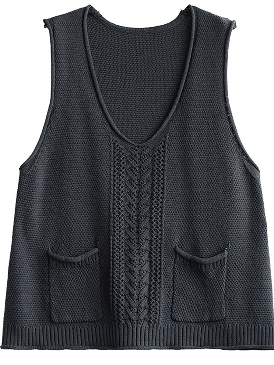 Übergröße - Damen-Pulloverweste mit gestrickter Tasche und Hohlsaum