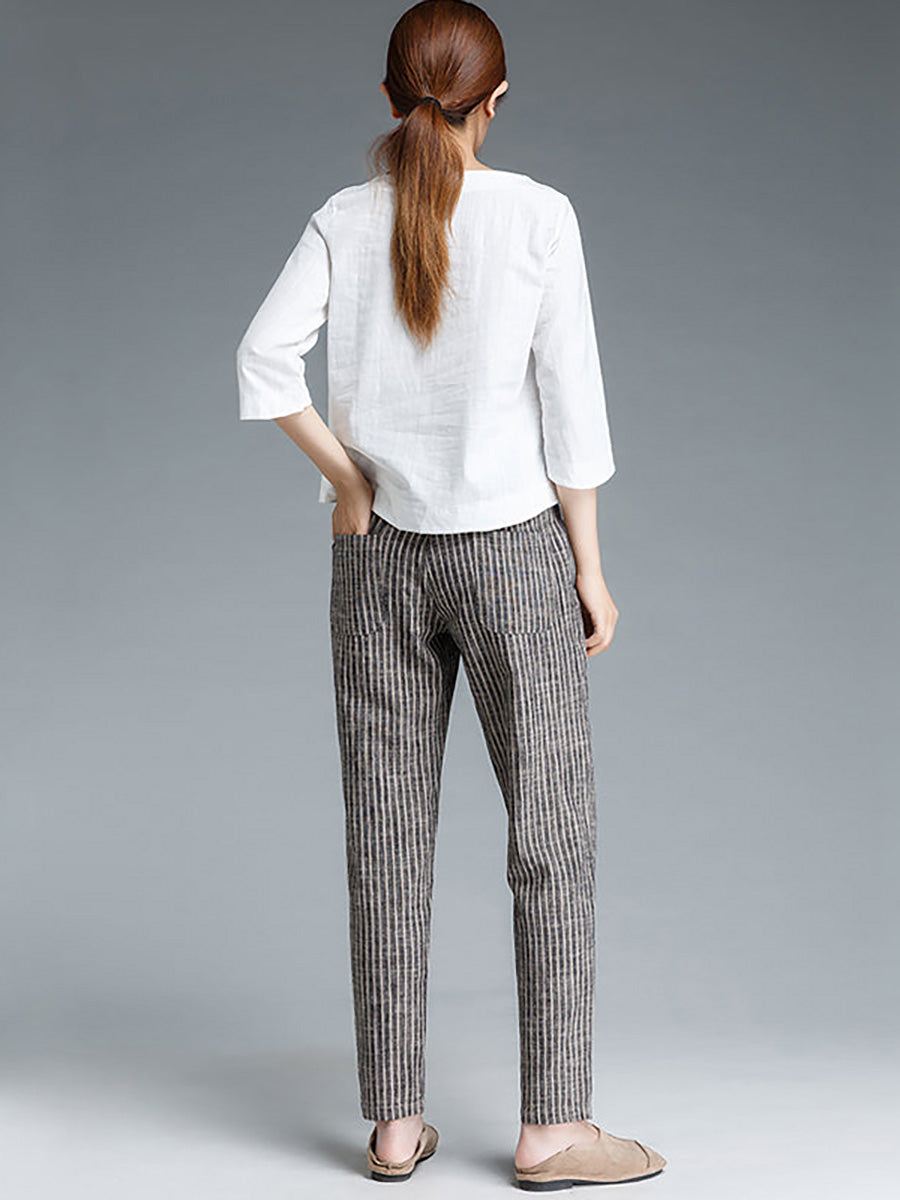 Pantalon en coton et lin à rayures grande taille pour femme Buykud