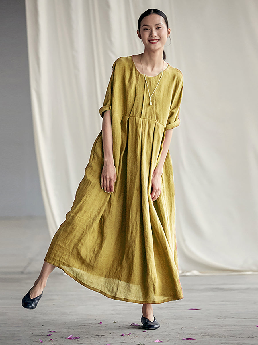 Elegantes, plissiertes, lockeres Leinenkleid im chinesischen Stil in Übergröße
