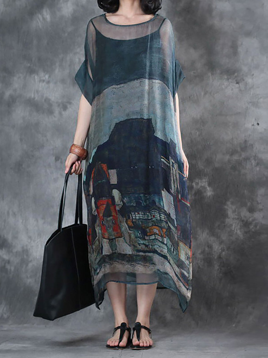 Übergröße - Sommerkleid mit kurzen Ärmeln und lockerem Aufdruck (zweiteilig)