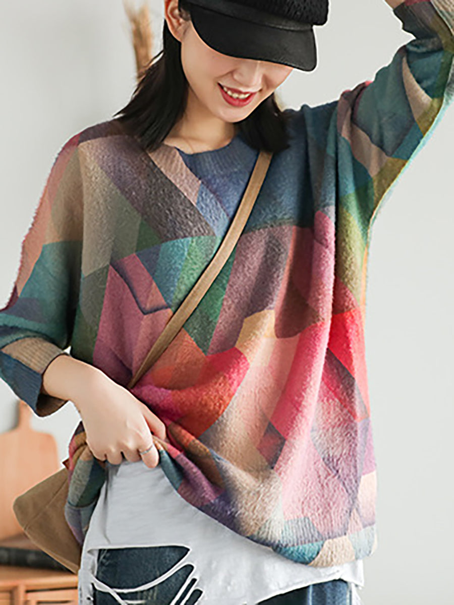 Plus Größe Herbst Geometrie Vintage Frauen Lose Pullover
