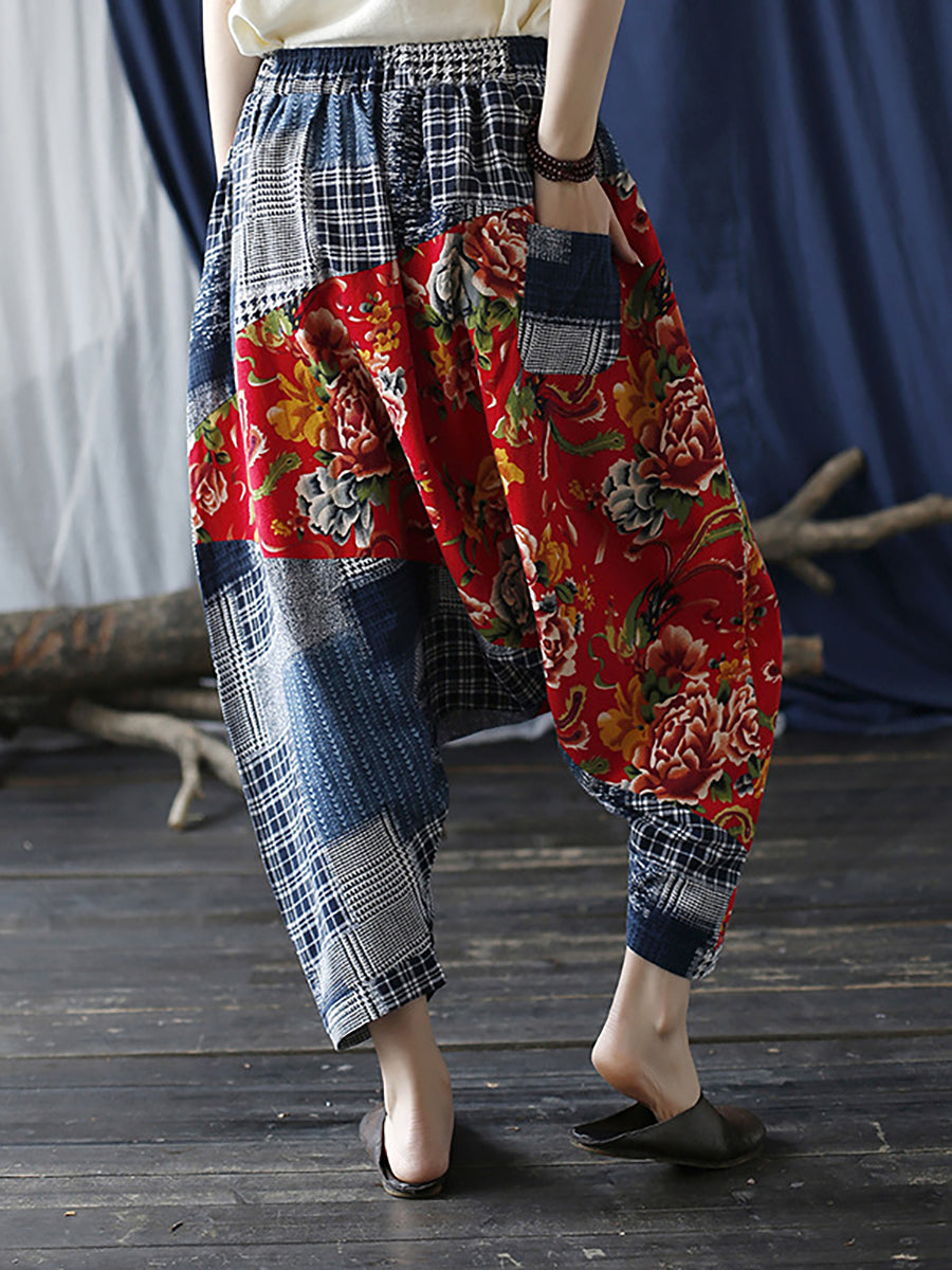 Übergröße Patchwork Plaid Damen Lässige Hose mit elastischer Taille